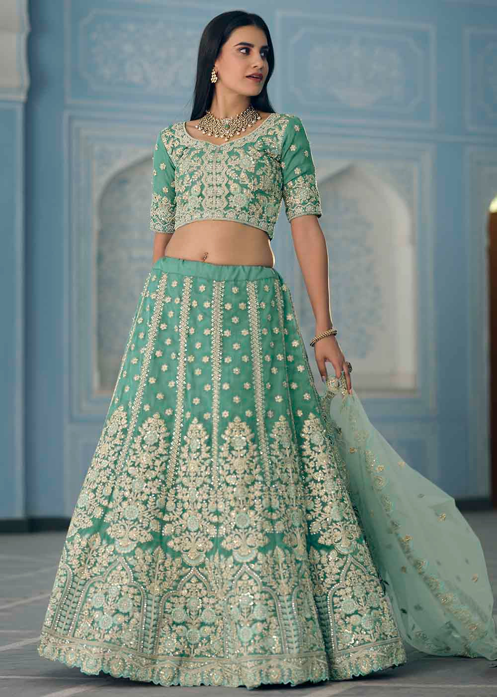 Turquoise Green Organza Lehenga Choli with Dori,Zari, Zarkan & Sequins work