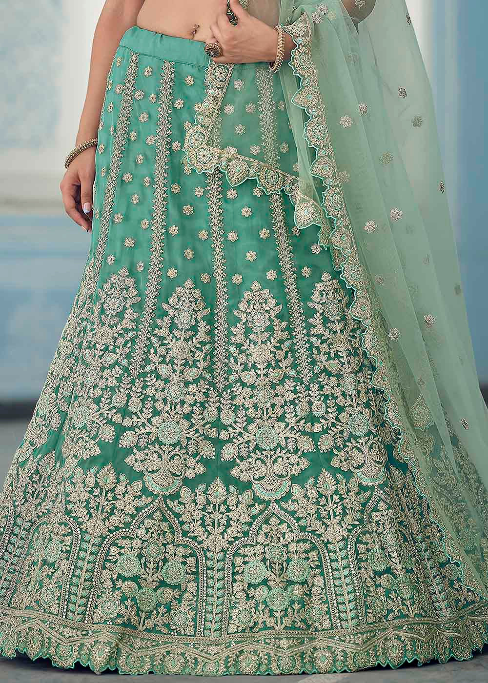 Turquoise Green Organza Lehenga Choli with Dori,Zari, Zarkan & Sequins work