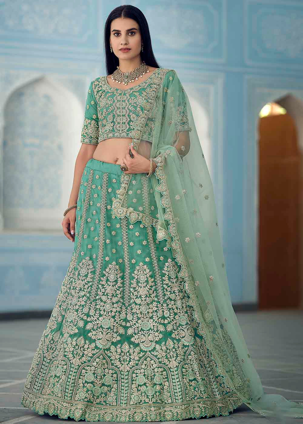 Turquoise Green Organza Lehenga Choli with Dori,Zari, Zarkan & Sequins work