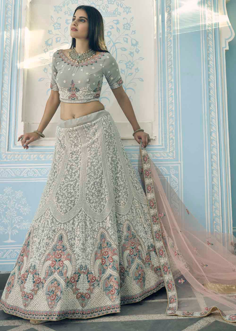 Pewter Grey Georgette Lehenga Choli with Zari,Thread & Zarkan work