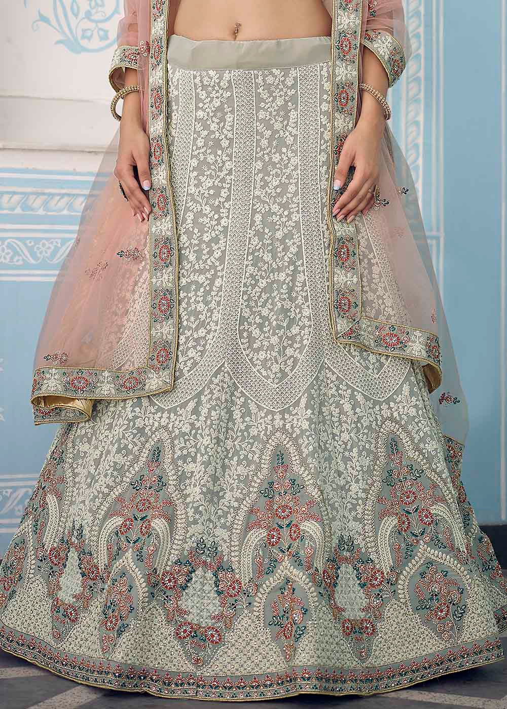 Pewter Grey Georgette Lehenga Choli with Zari,Thread & Zarkan work