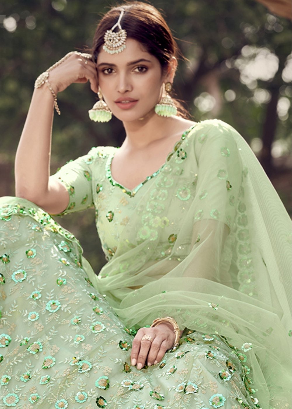 Mint Green Designer Soft Net Lehenga Choli with Sequins & Thread work