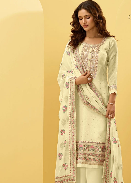Light Yellow Georgette Salwar Suit with Thread, Zari & Cording Embroidery work