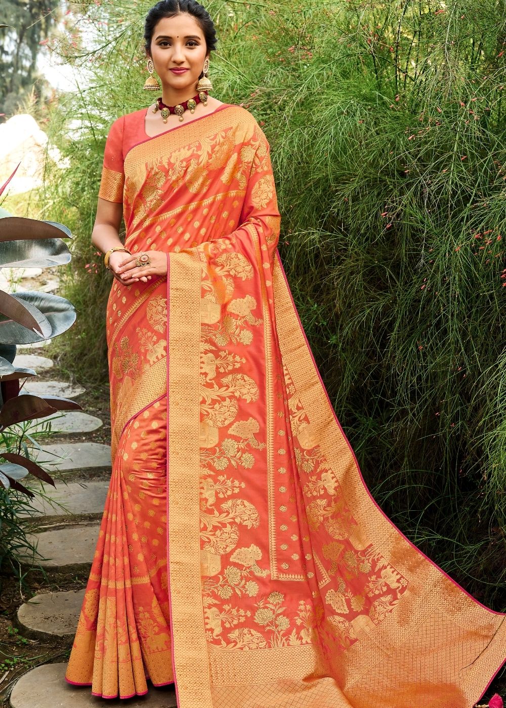 Coral Orange Zari Woven Banarasi Silk Saree: Top Pick