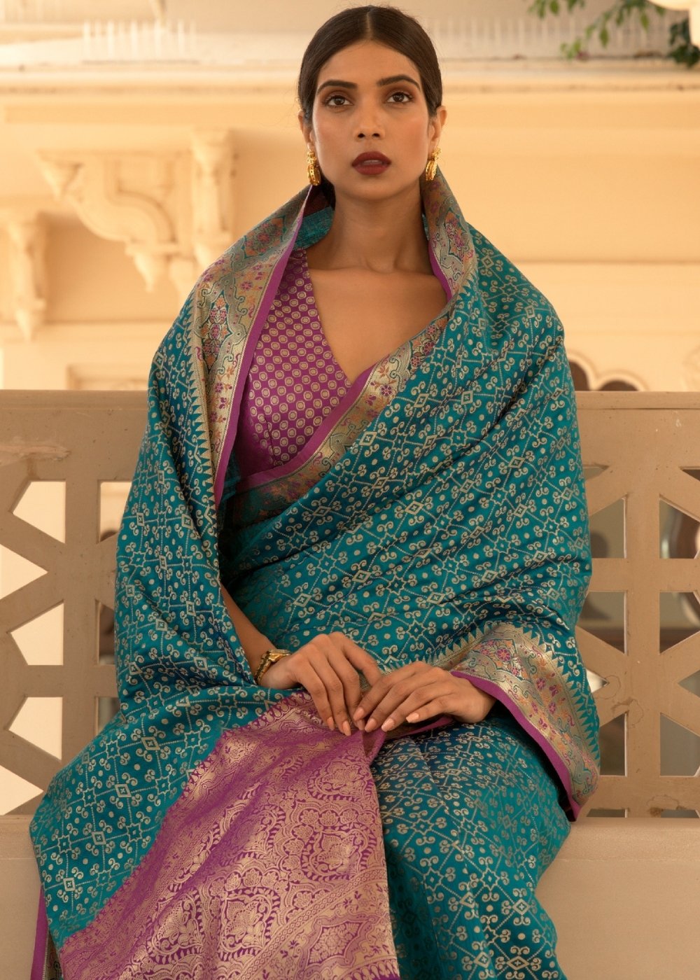 Teal Blue Woven Soft Banarasi Silk Saree with Contrast Pallu & Blouse