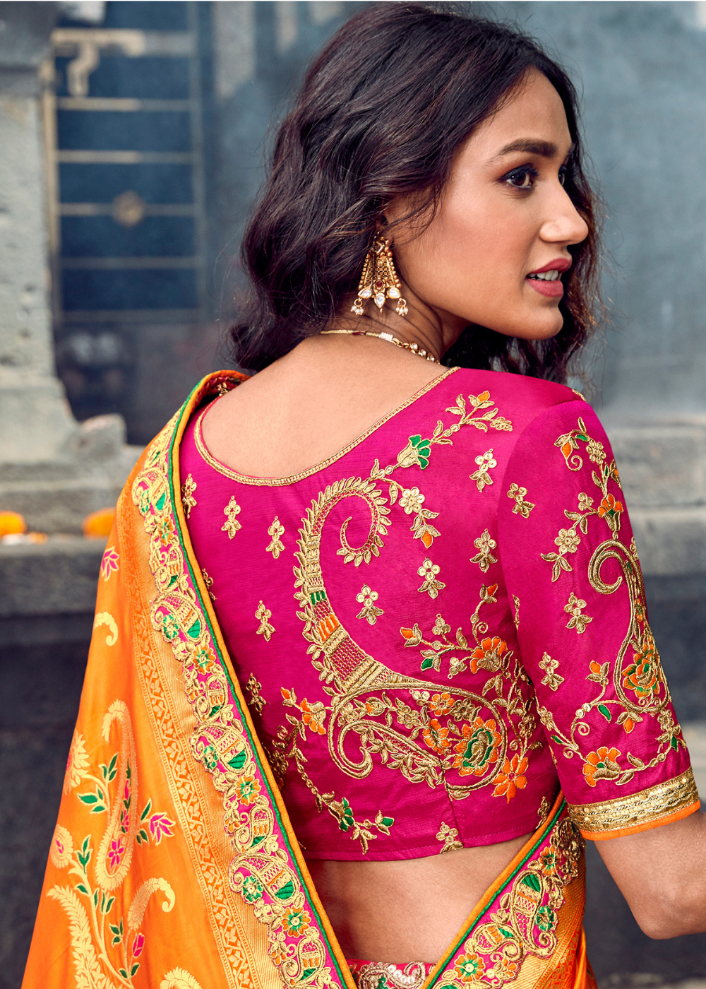 Rani Pink & Mustard Banarasi Silk Lehenga
