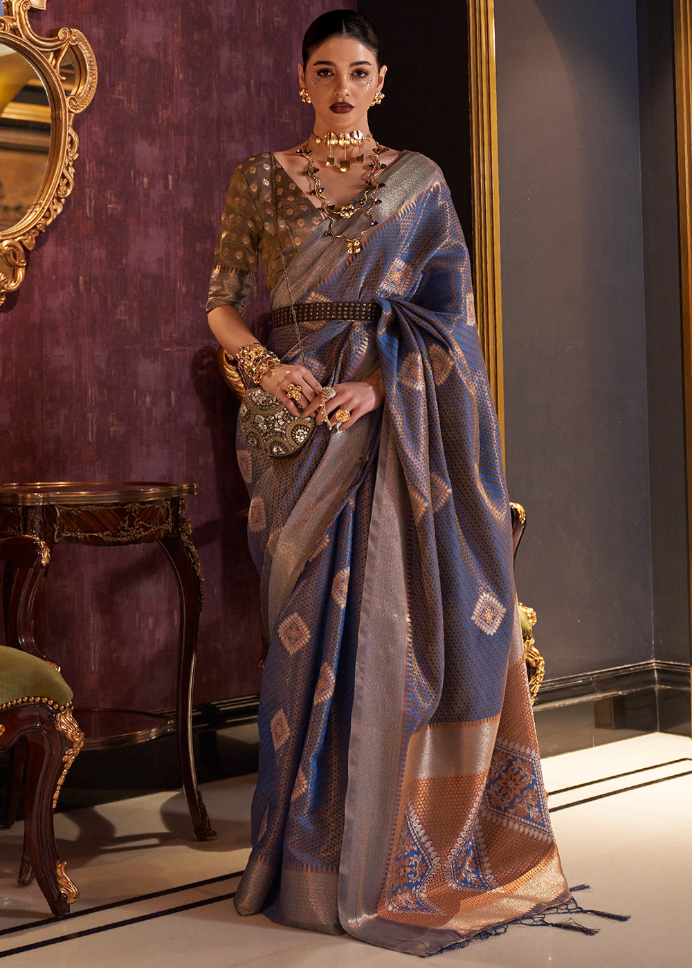 Mexican Blue Zari Handloom Woven Designer Silk Saree