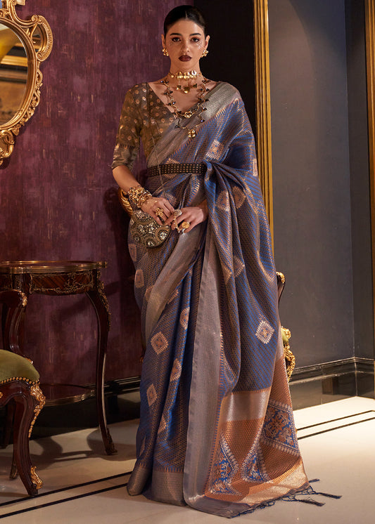Mexican Blue Zari Handloom Woven Designer Silk Saree