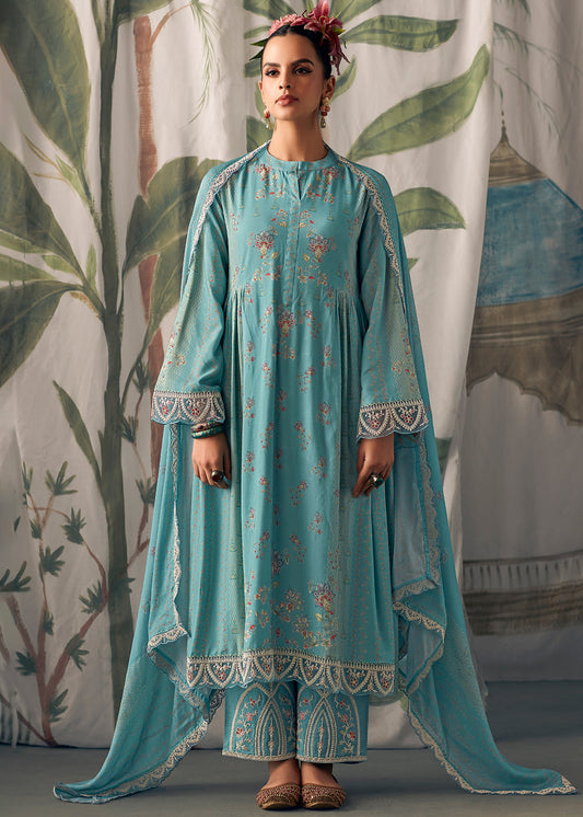 Koi Blue Digital Printed Muslin Salwar Suit with Light Embroidery work