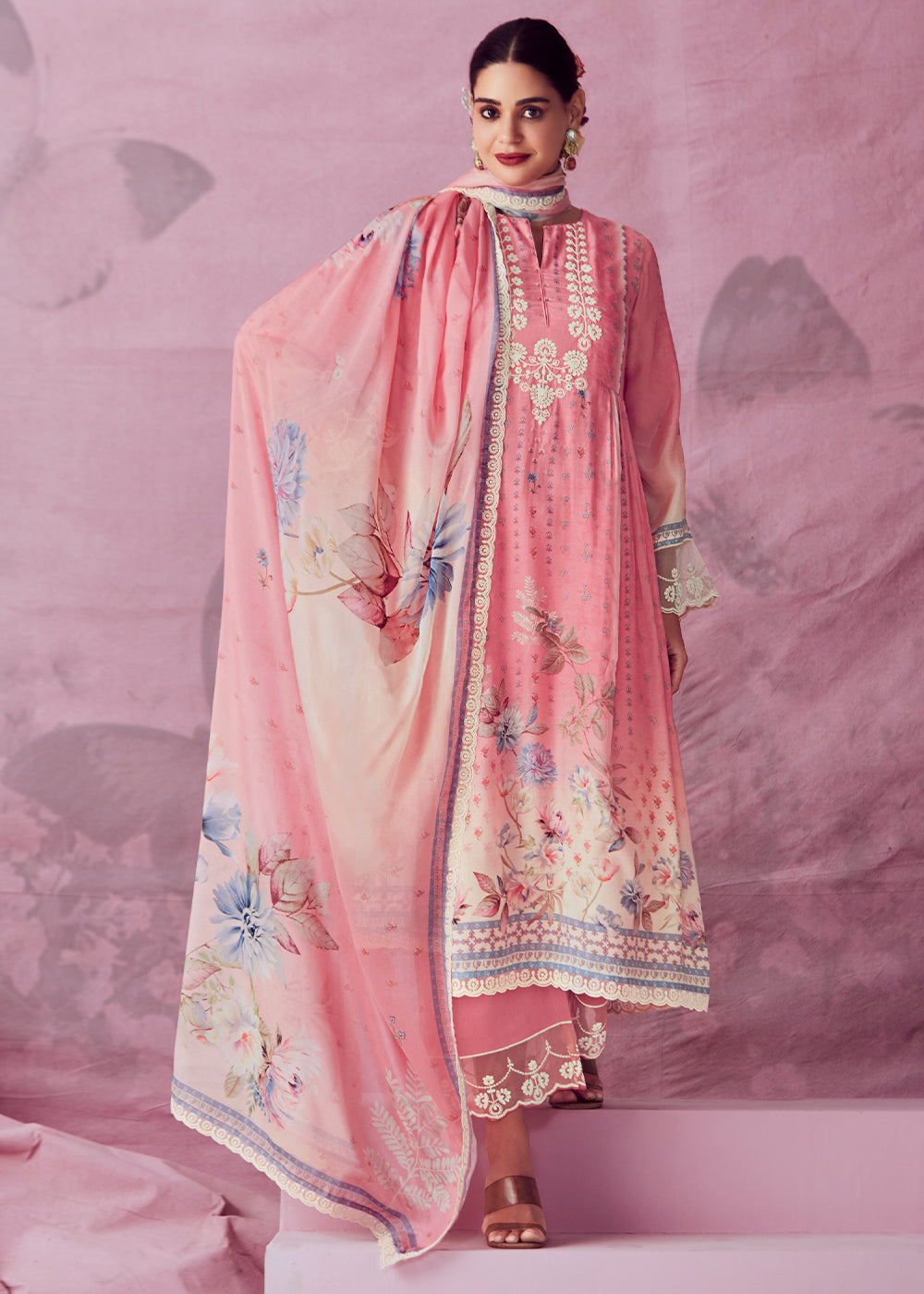 Shades Of Pink Digital Floral Printed Muslin Salwar Suit with Embroidery work