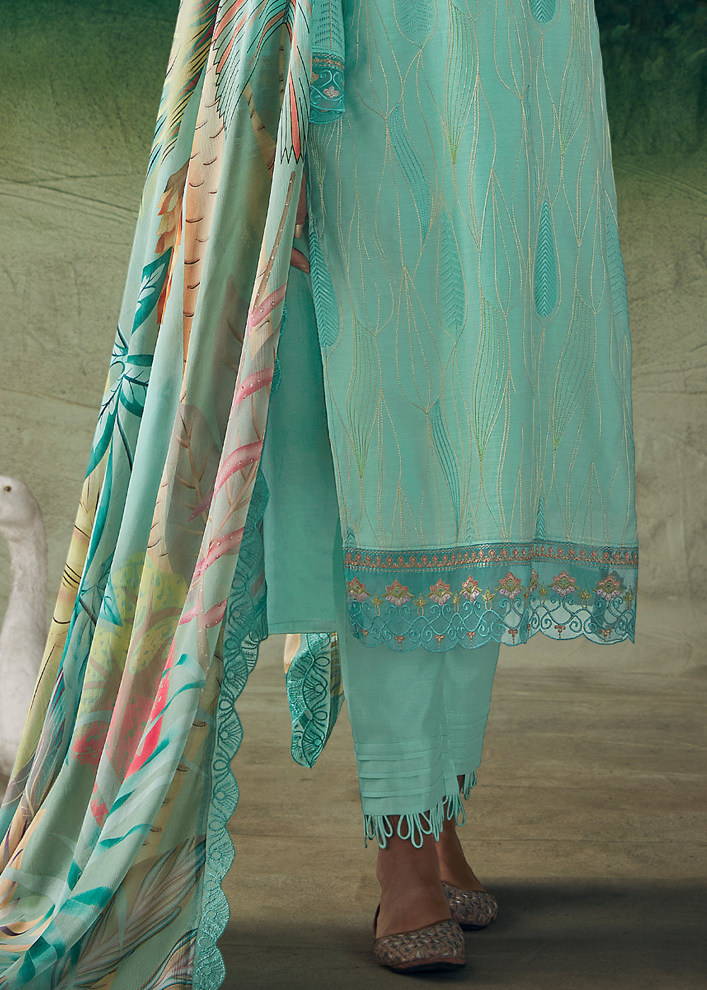 Celeste Blue Digital Printed Muslin Salwar Suit with Light Embroidery work