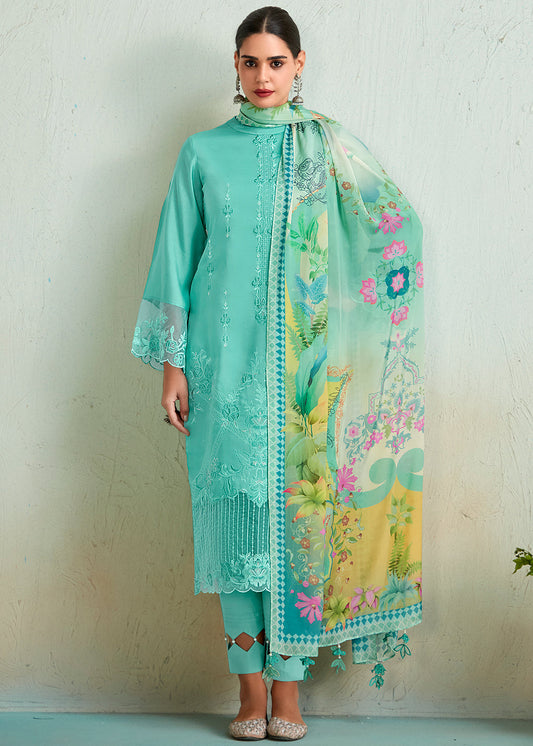 Light Cyan Blue Muslin Salwar Suit with Embroidery work