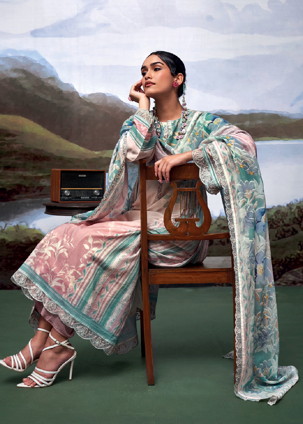 Brown & Blue Digital Printed Linen Suit & Embroidery work