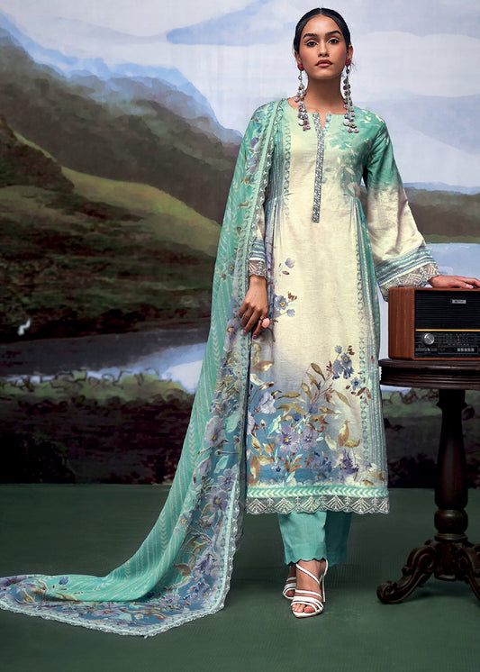 Shades Of Green Digital Printed Linen Suit & Embroidery work