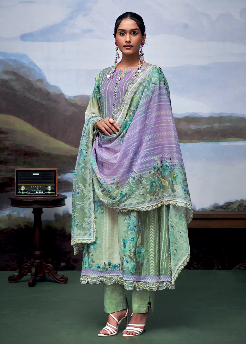 Purple & Green Digital Printed Linen Suit & Embroidery work