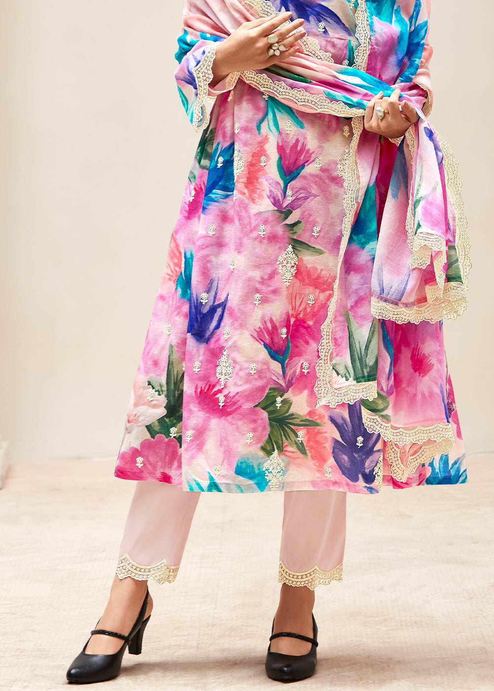 Shades Of Pink Floral Digital Printed Linen Suit & Dori Embroidery work