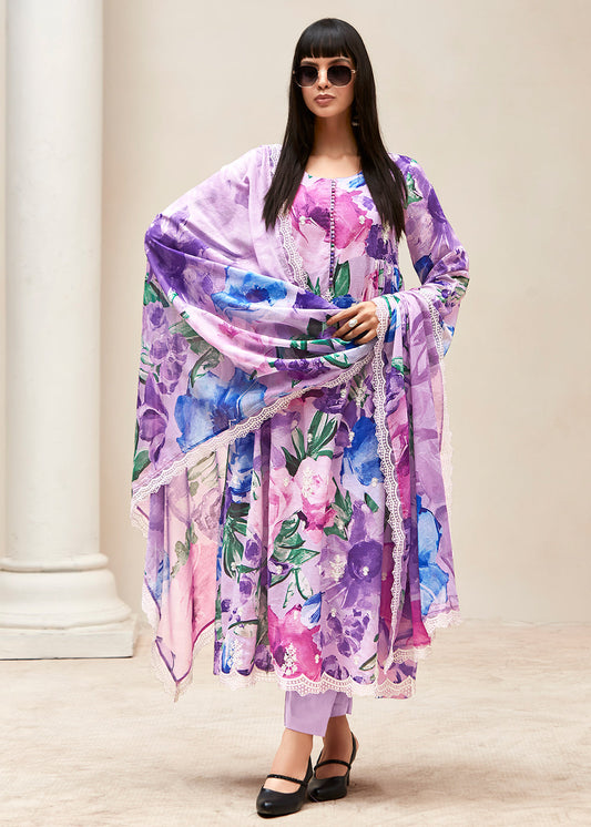 Shades Of Purple Floral Digital Printed Linen Suit & Dori Embroidery work