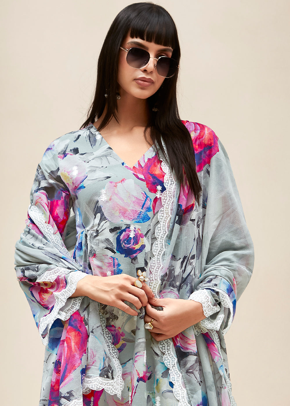 Seal Grey Floral Digital Printed Linen Suit & Dori Embroidery work