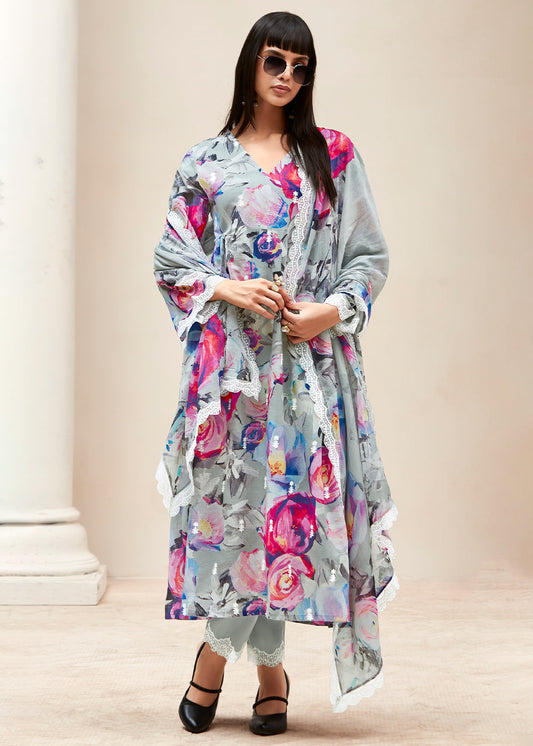 Seal Grey Floral Digital Printed Linen Suit & Dori Embroidery work