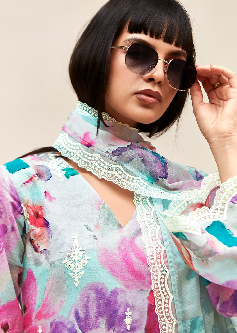 Shades Of Blue Floral Digital Printed Linen Suit & Dori Embroidery work