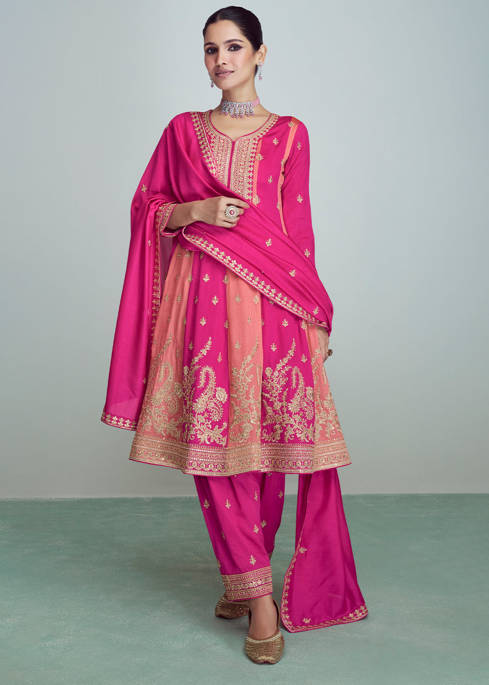 Shades Of Pink Embroidered Silk Salwar Suit : Top Pick