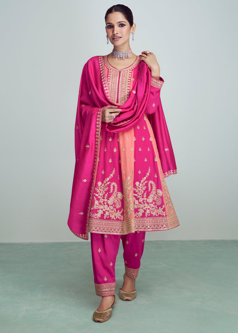 Shades Of Pink Embroidered Silk Salwar Suit : Top Pick