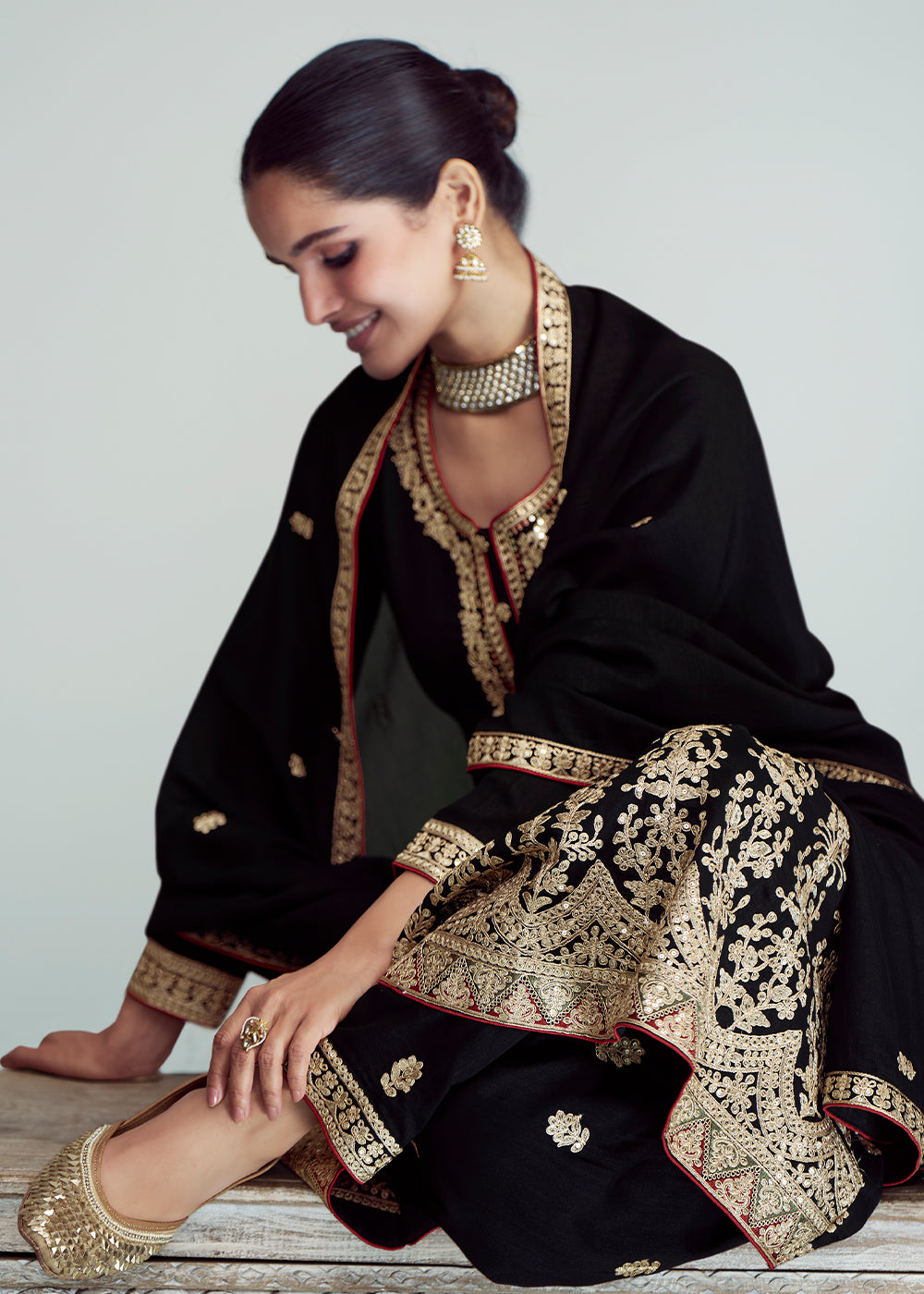 Midnight Black Embroidered Silk Salwar Suit