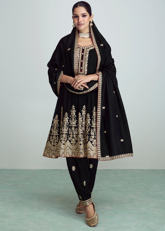 Midnight Black Embroidered Silk Salwar Suit