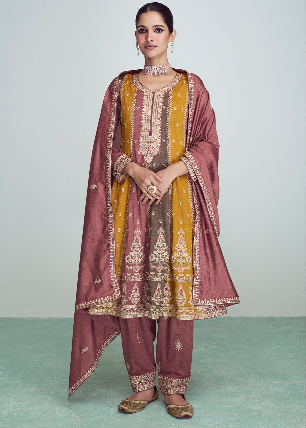 Multicolored Embroidered Silk Salwar Suit