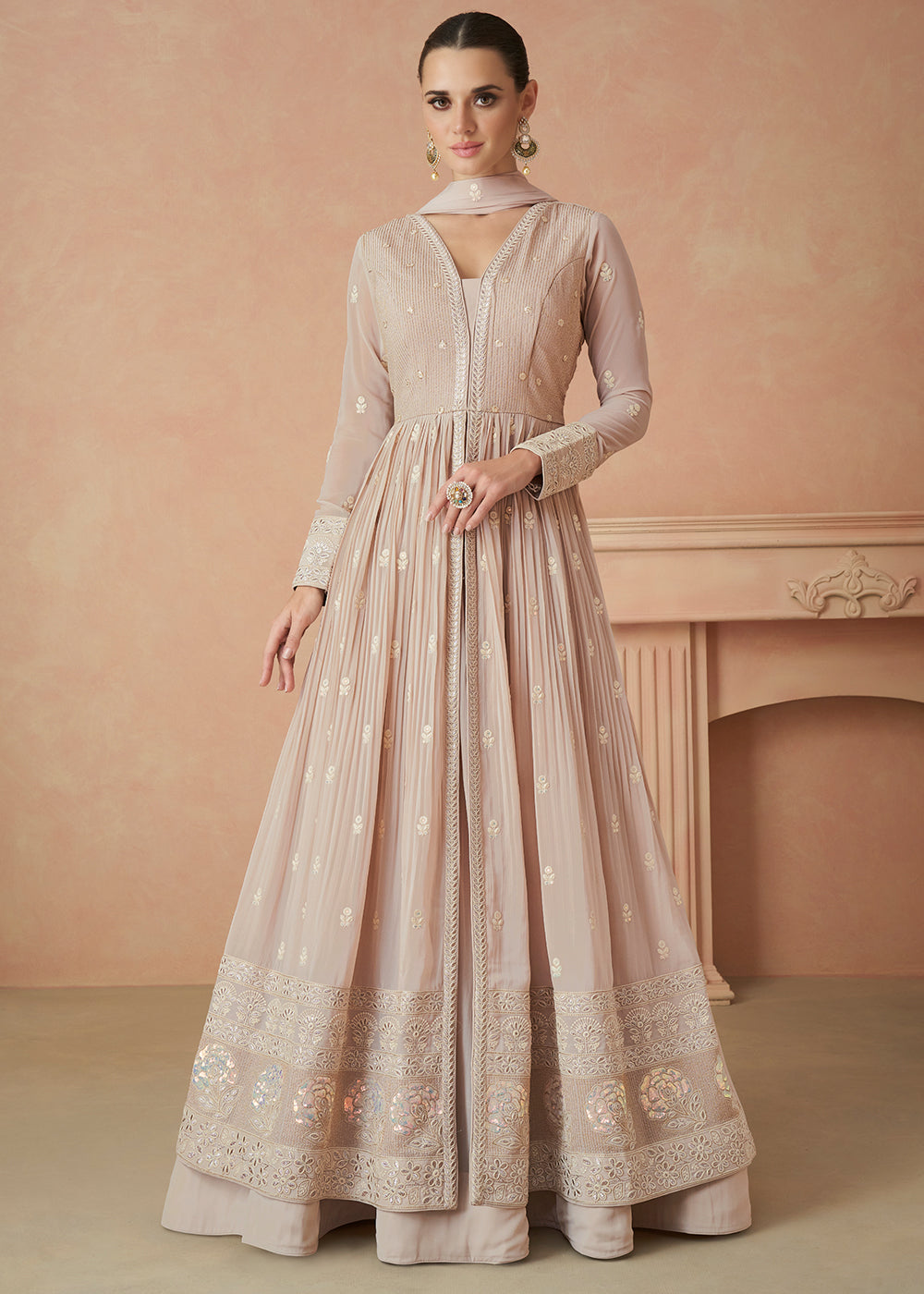 Pale Brown Designer Embroidered Georgette Anarkali Suit