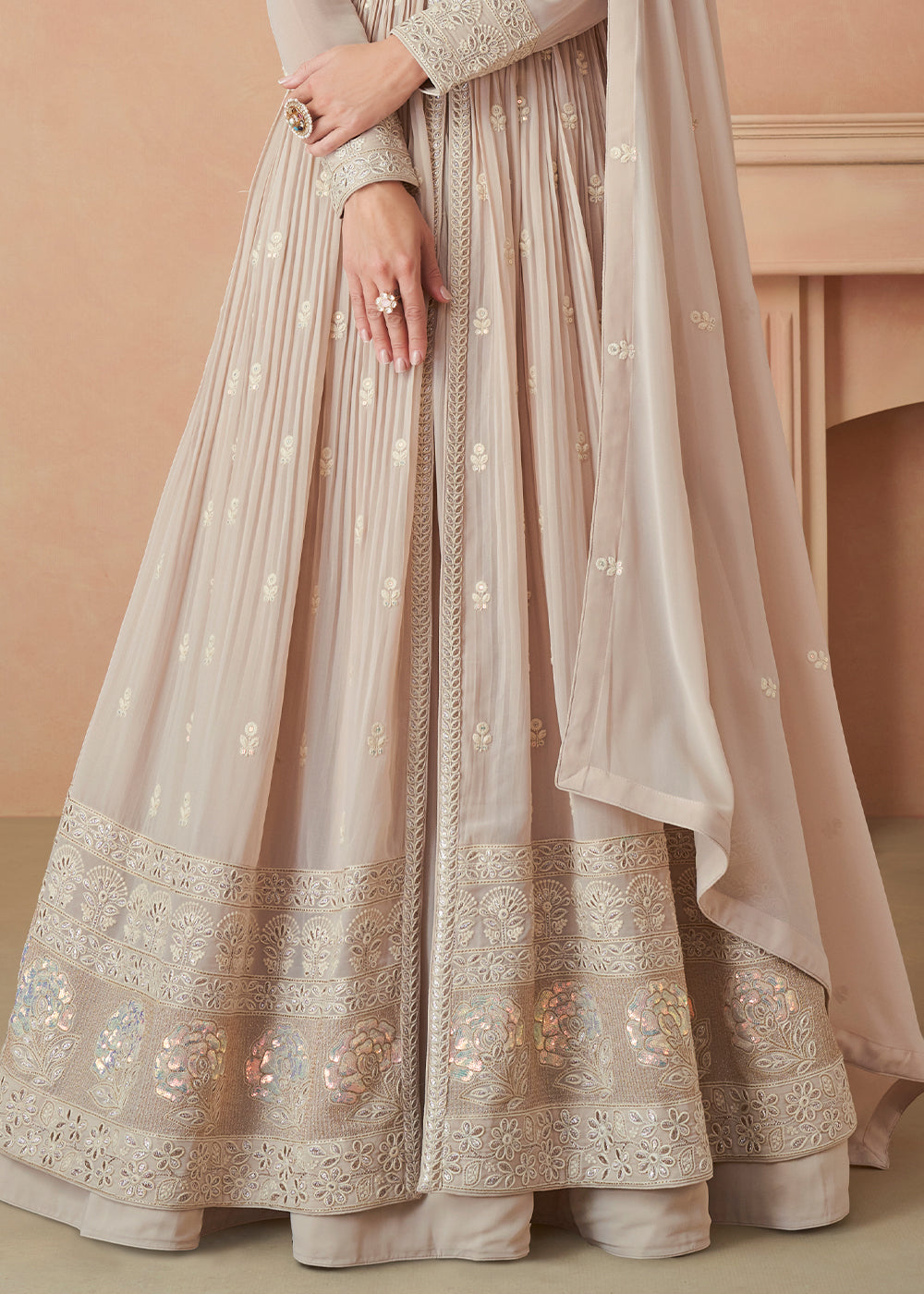 Pale Brown Designer Embroidered Georgette Anarkali Suit