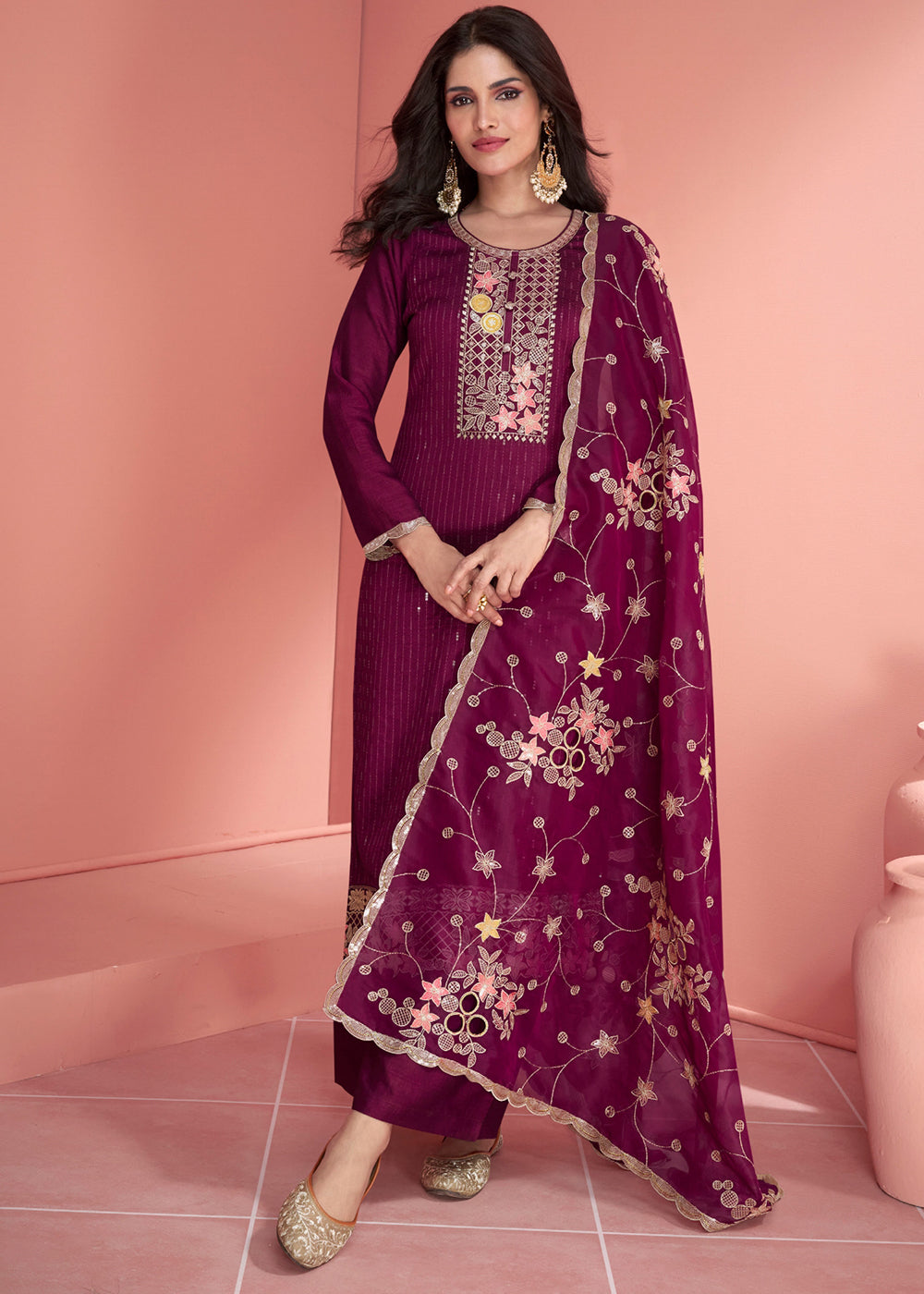 Jam Purple Embroidered Silk Salwar Suit