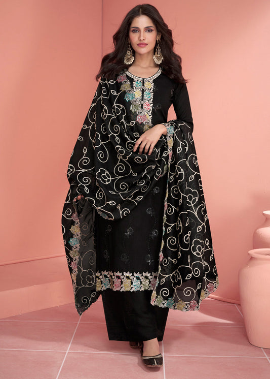 Pebble Black Embroidered Silk Salwar Suit