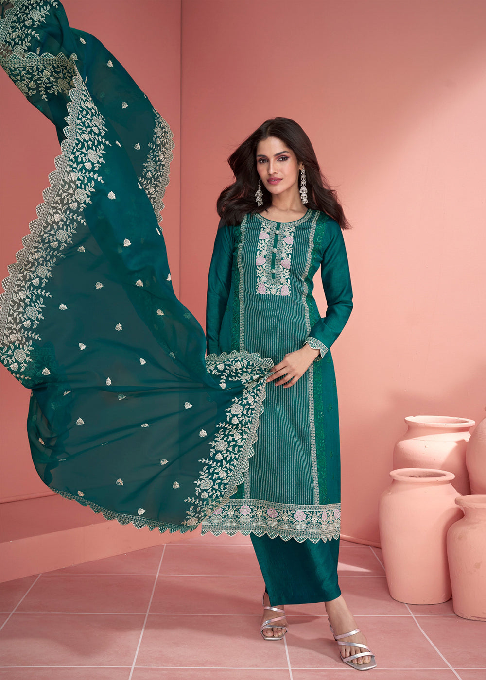 Ocean Blue Embroidered Silk Salwar Suit