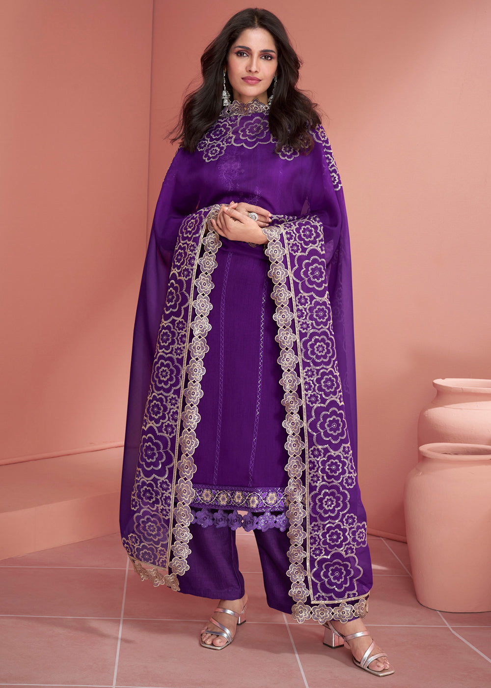 Violet Purple Purple Embroidered Silk Salwar Suit