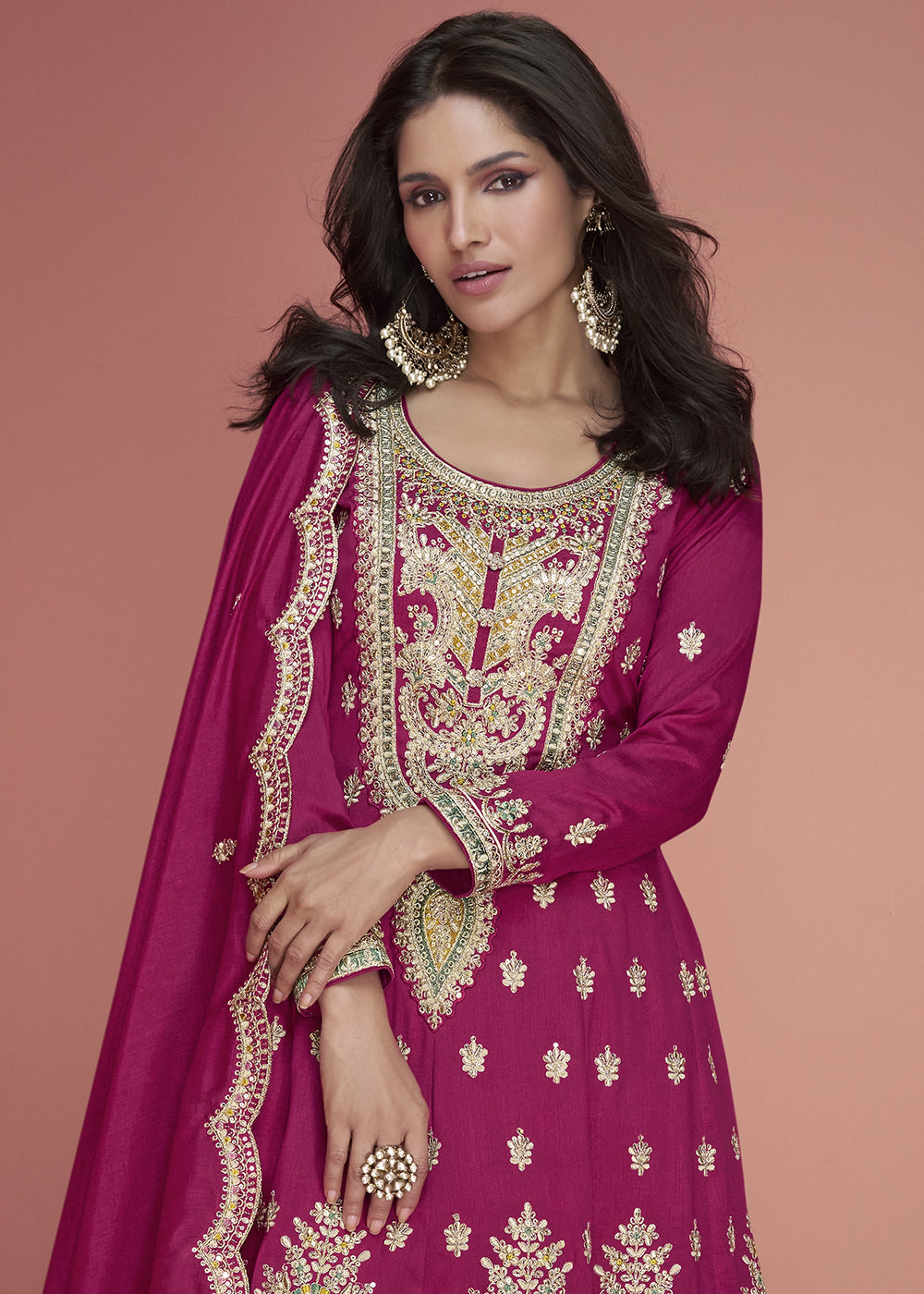 Magenta Pink Embroidered Plazzo Suit