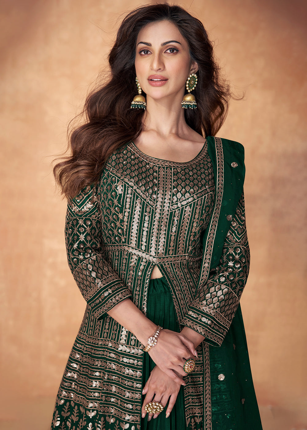 Sacramento Green Sequence Embroidered Silk Top & Skirt Set with Dupatta