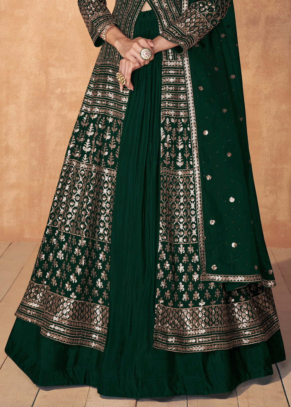 Sacramento Green Sequence Embroidered Silk Top & Skirt Set with Dupatta