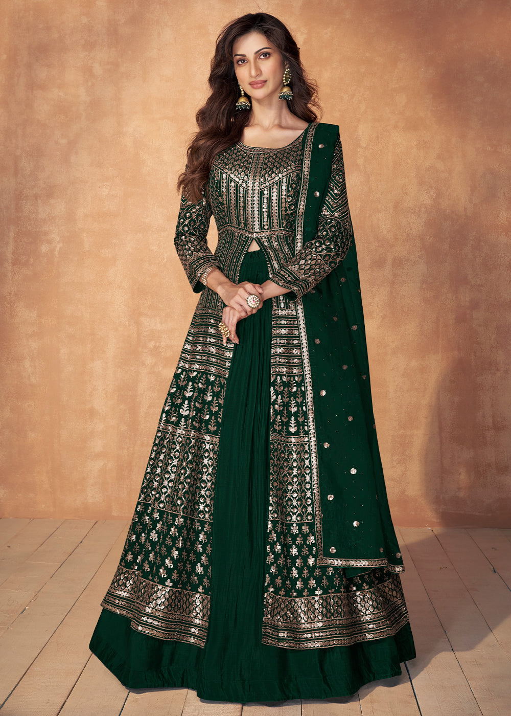 Sacramento Green Sequence Embroidered Silk Top & Skirt Set with Dupatta