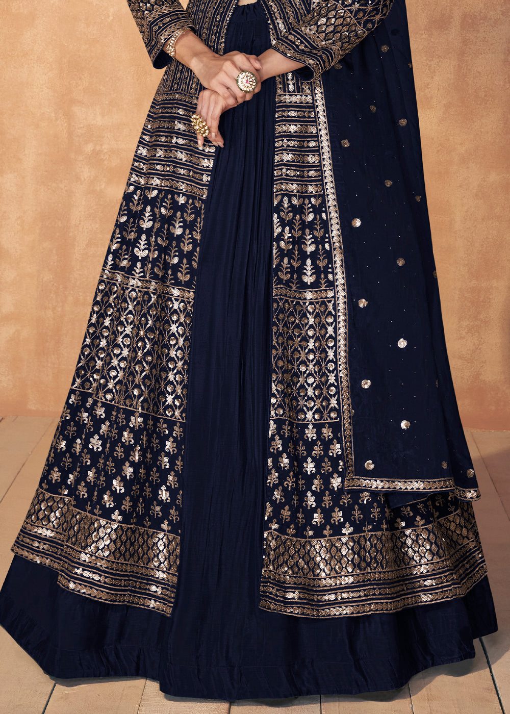 Berry Blue Sequence Embroidered Silk Top & Skirt Set with Dupatta