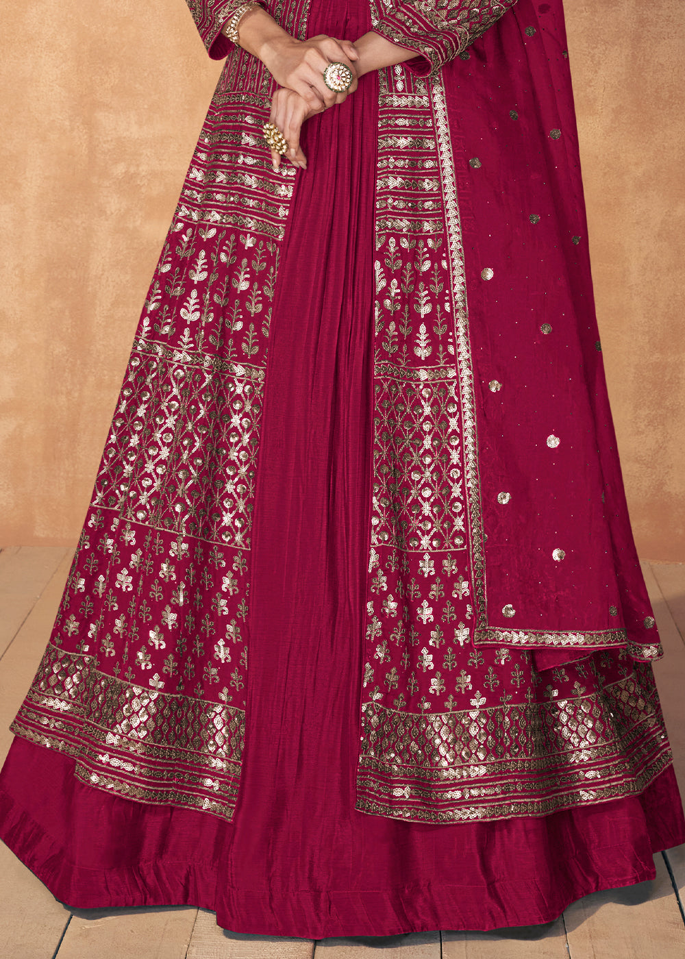 Ruby Pink Sequence Embroidered Silk Top & Skirt Set with Dupatta