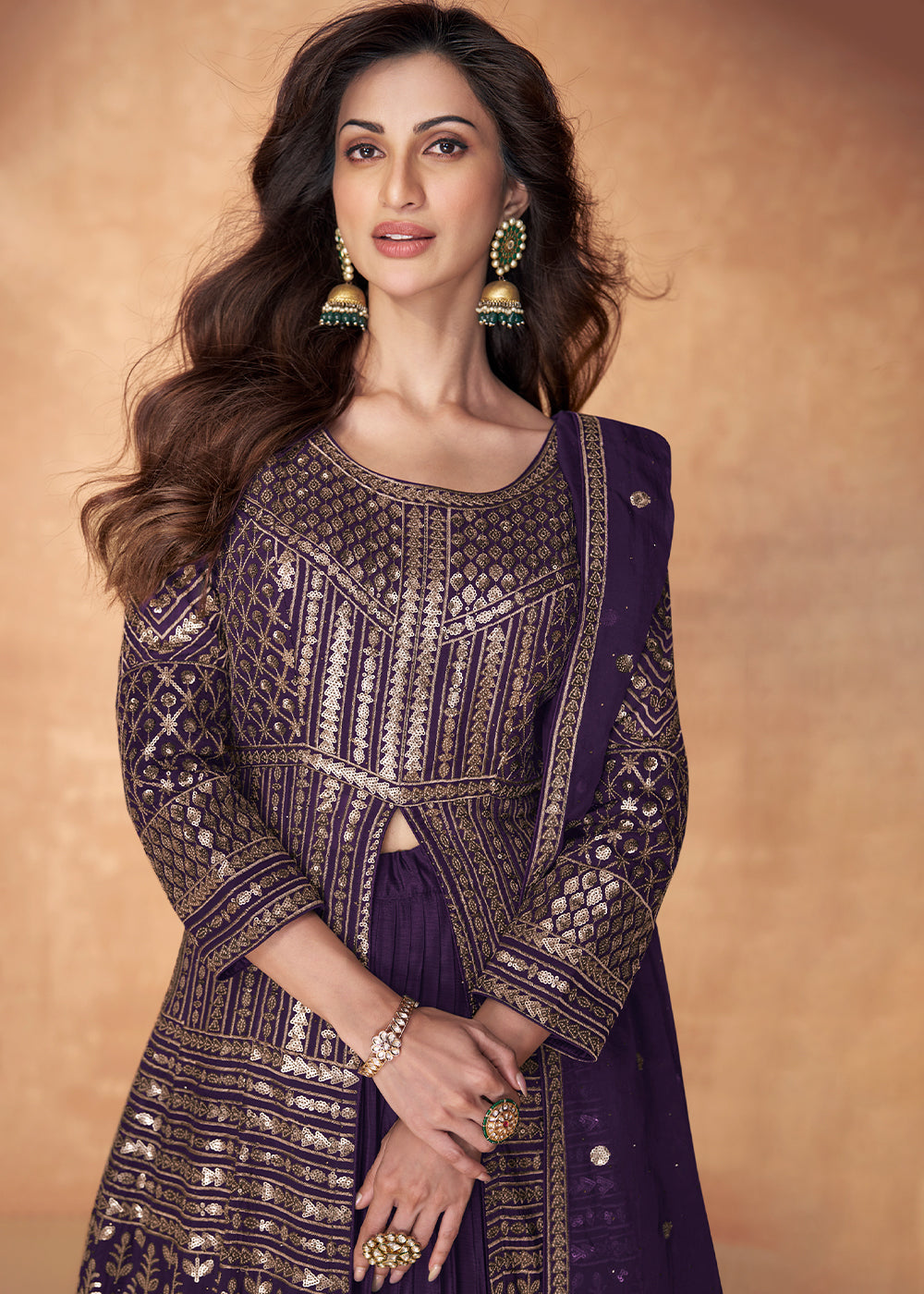 Indigo Purple Sequence Embroidered Silk Top & Skirt Set with Dupatta