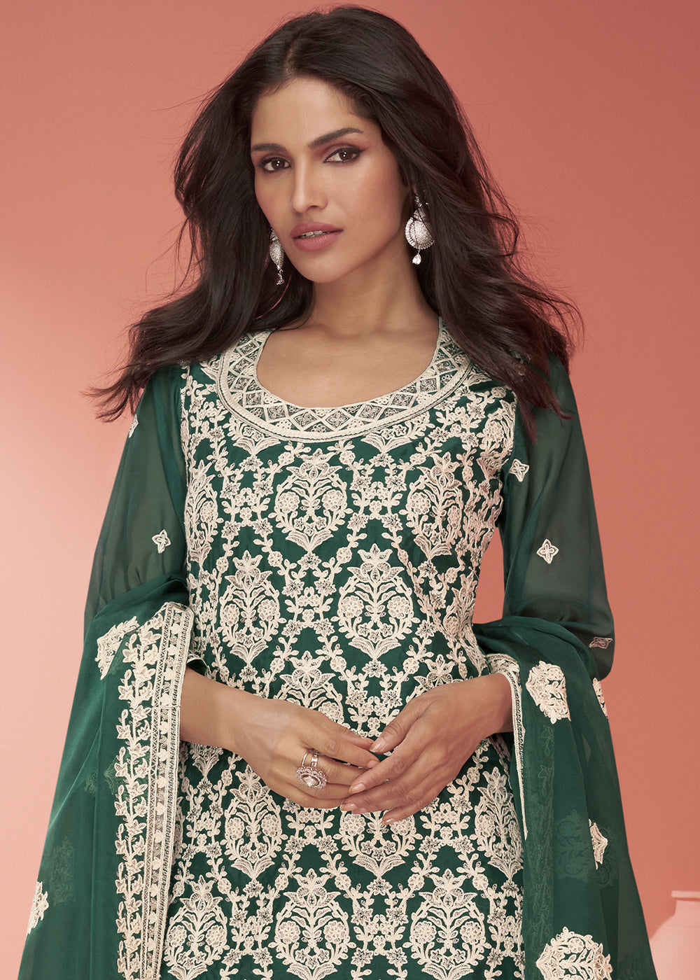 Greasy Green Organza Silk Embroidered Salwar Suit