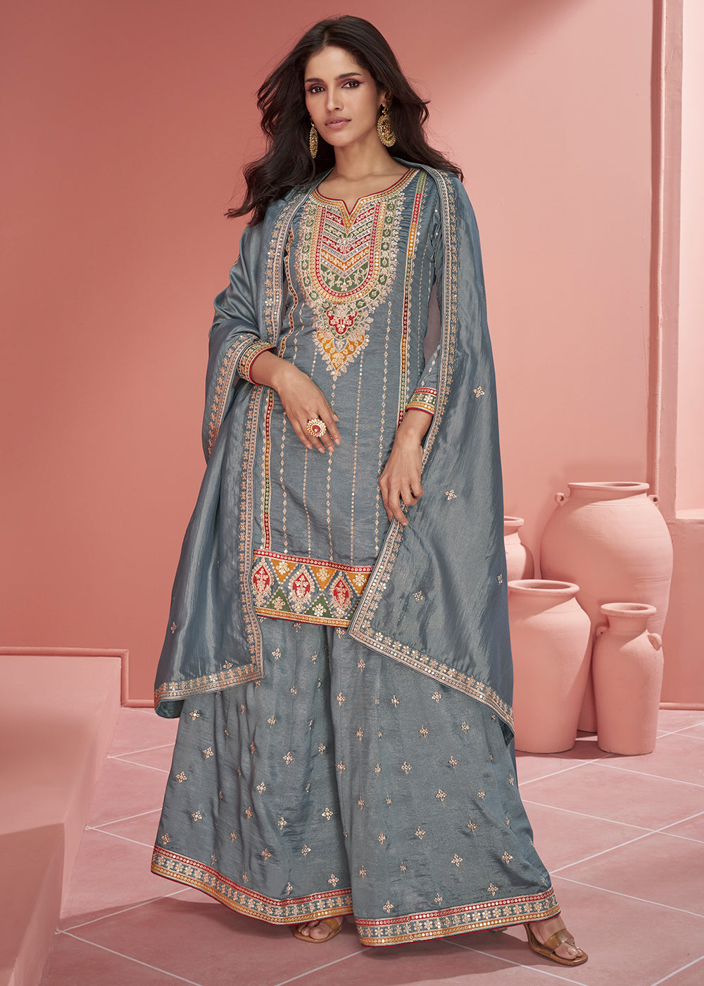 Steel Grey Organza Silk Plazzo Suit with Embroidery work