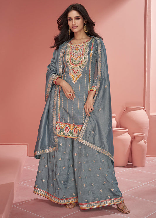 Steel Grey Organza Silk Plazzo Suit with Embroidery work