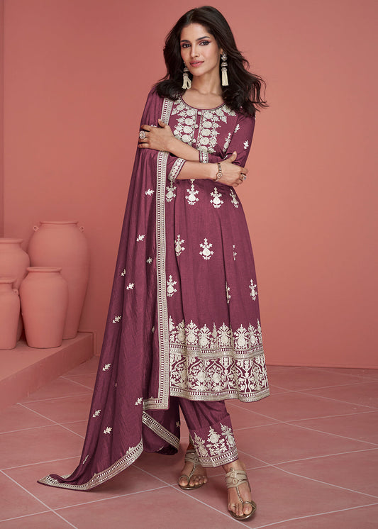 Old Mauve Purple Embroidered Silk Salwar Suit