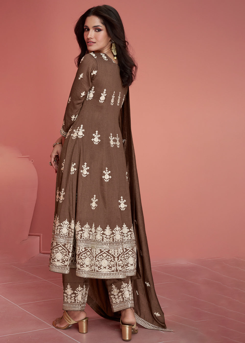 Wood Brown Embroidered Silk Salwar Suit