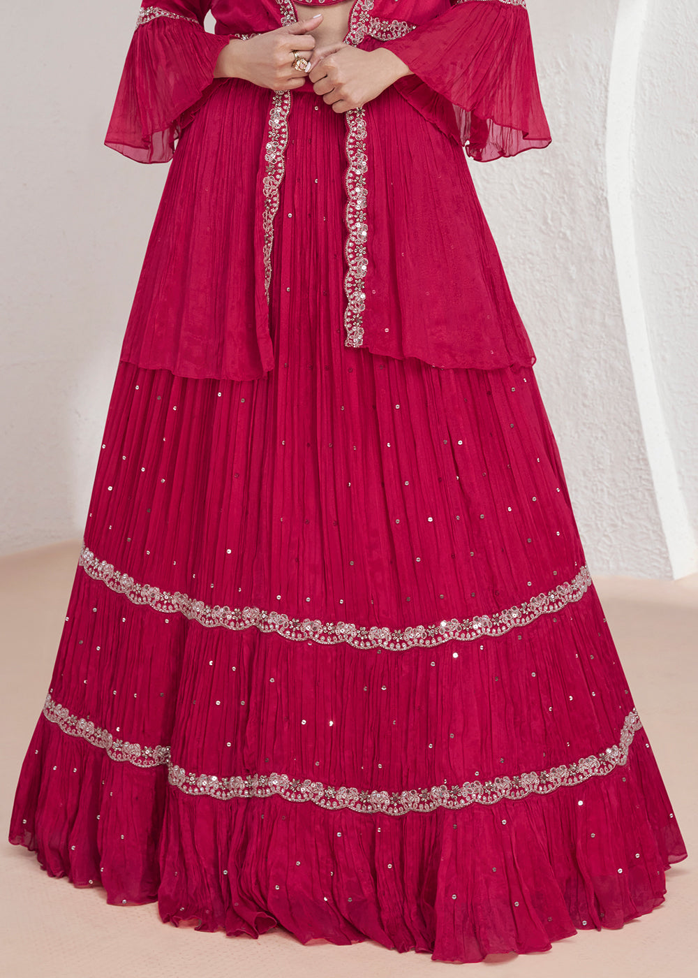 Magenta Pink Embroidered Georgette Top & Skirt Set with Jacket