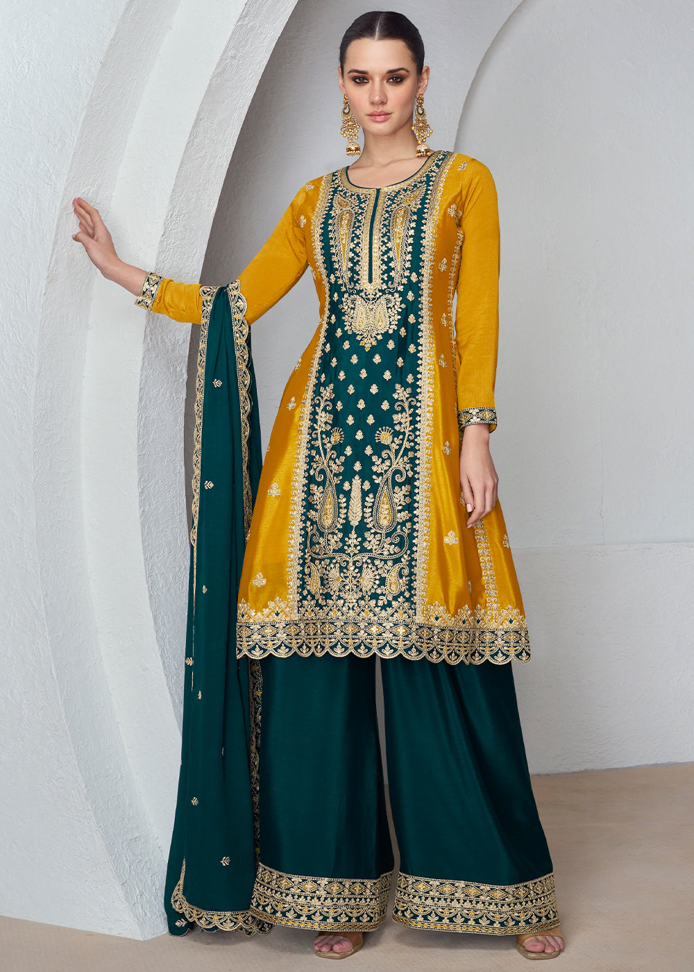 Yellow & Green Embroidered Chinon Silk Plazzo Suit