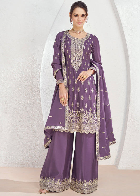 Royal Purple Chinon Silk Embroidered Plazzo Suit